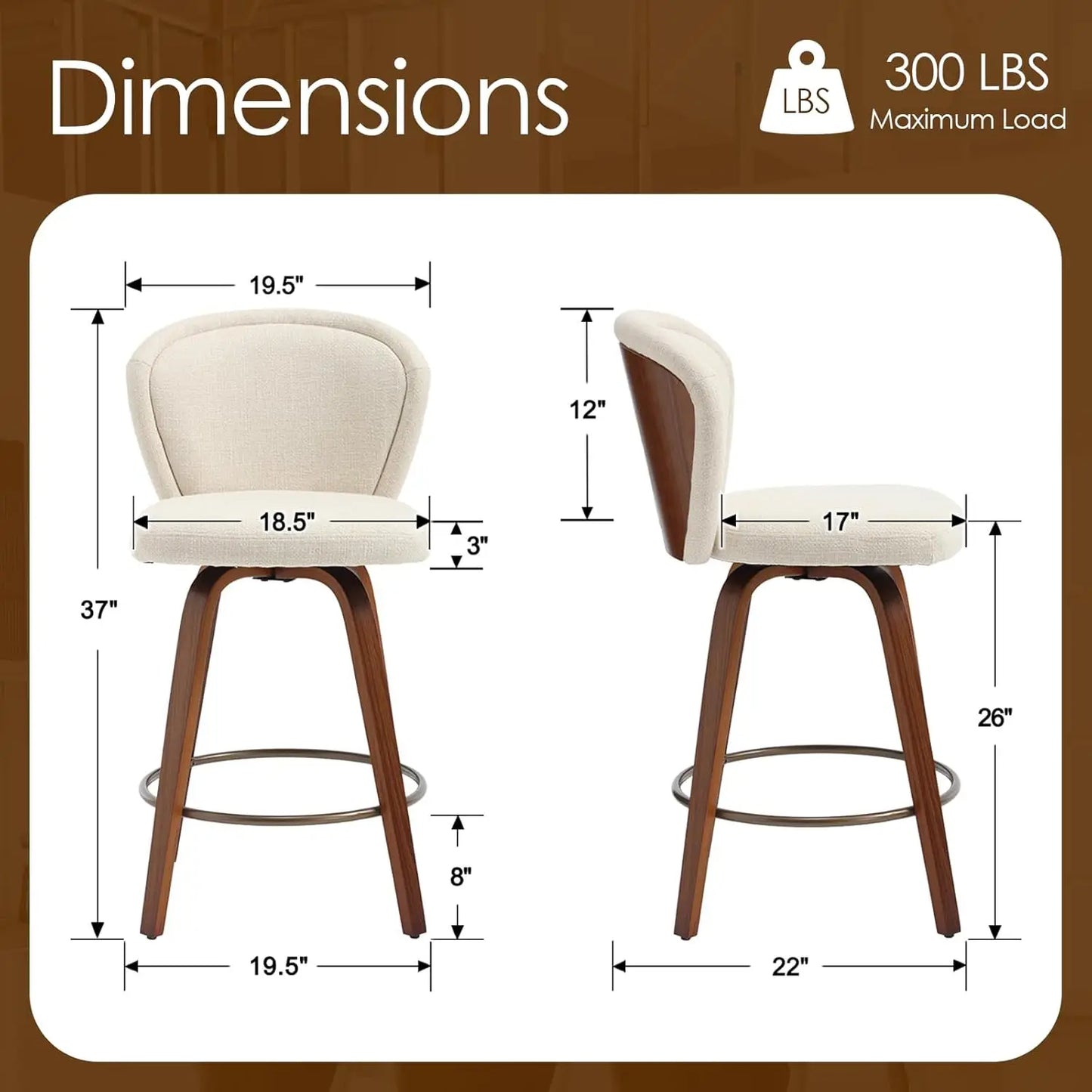 Swivel Counter Height Bar Stools with Wood Legs - Set of 4