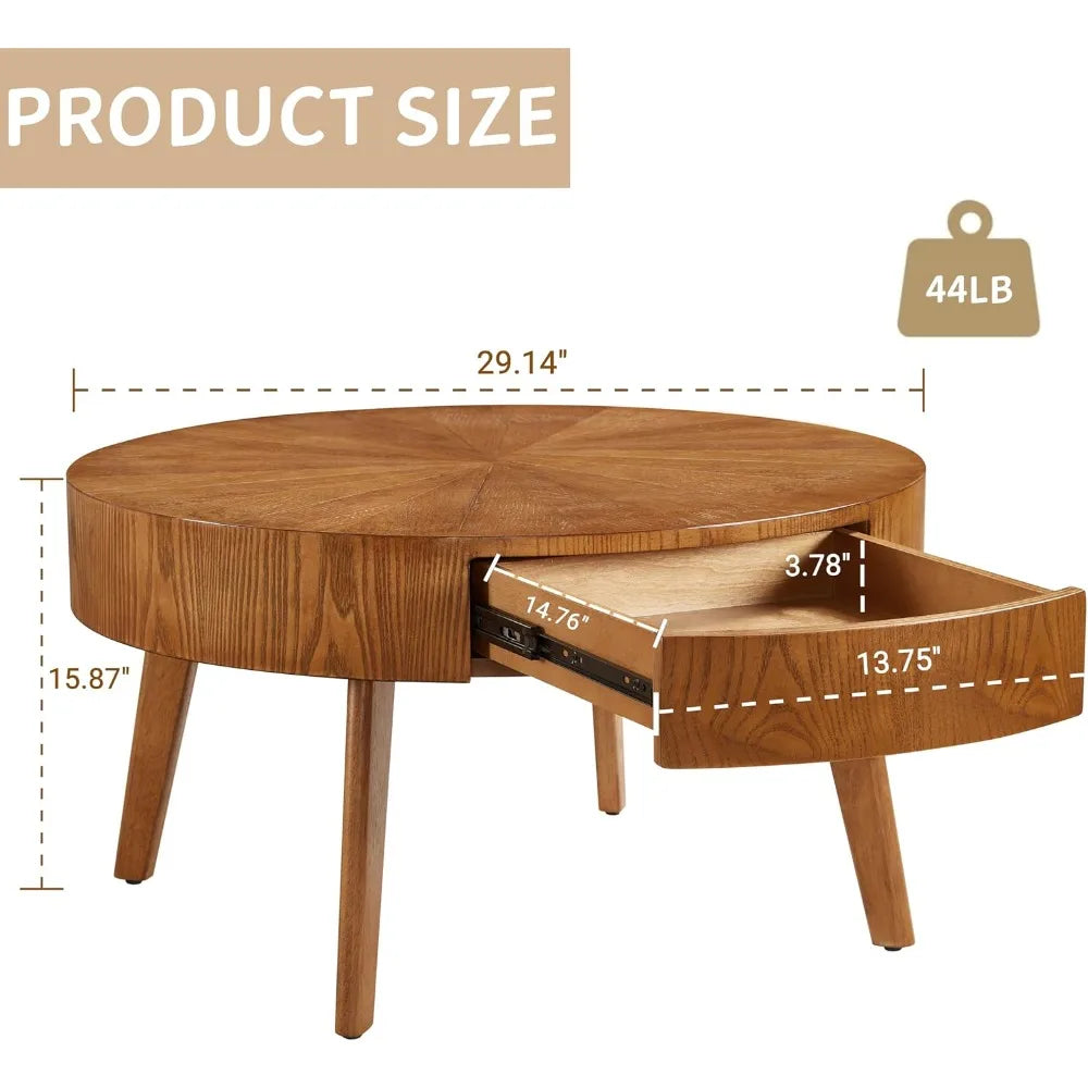 Round Wood Coffee Table with Hidden Drawer