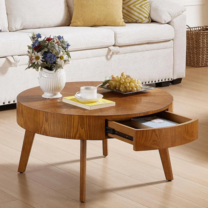 Round Wood Coffee Table with Hidden Drawer