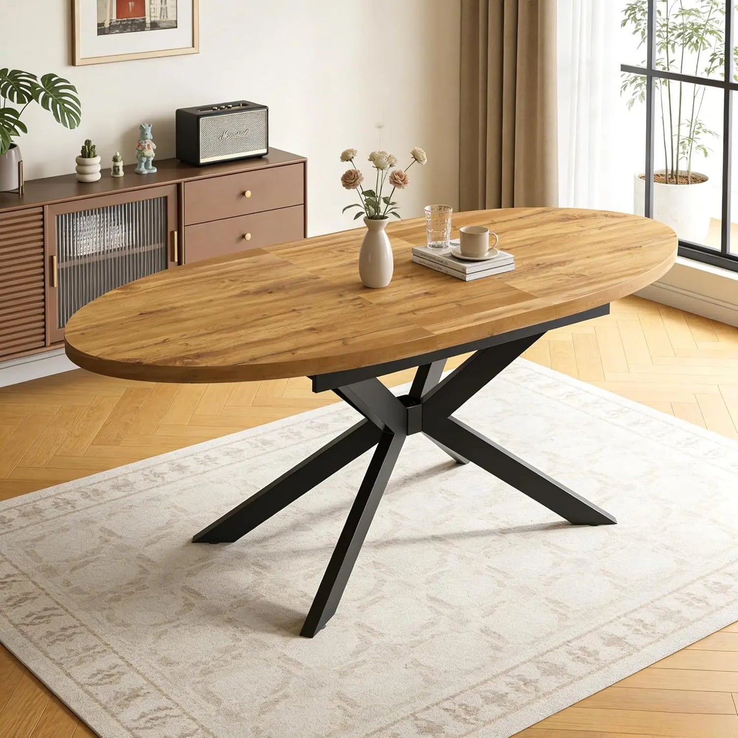 Extendable Round Dining Table with Walnut Finish and Metal Base
