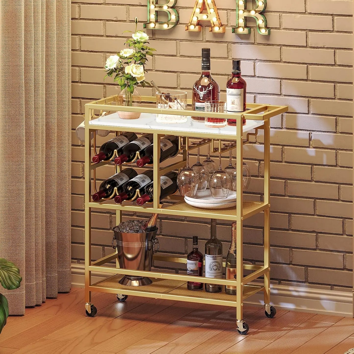 Elegant Three-Tier Rolling Bar Cart