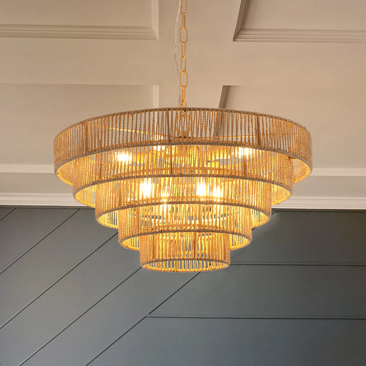 Woven Rattan Brass Chain Pendant Chandelier