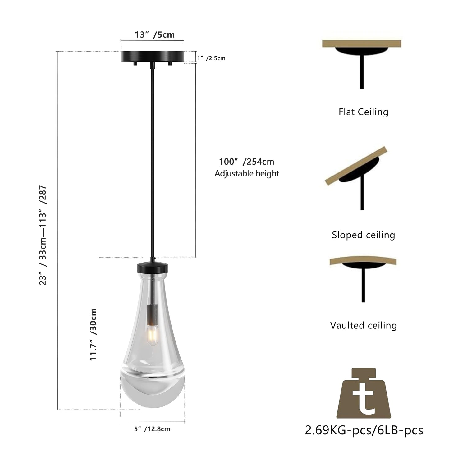 Raindrop Glass Pendant Light with Adjustable Cord
