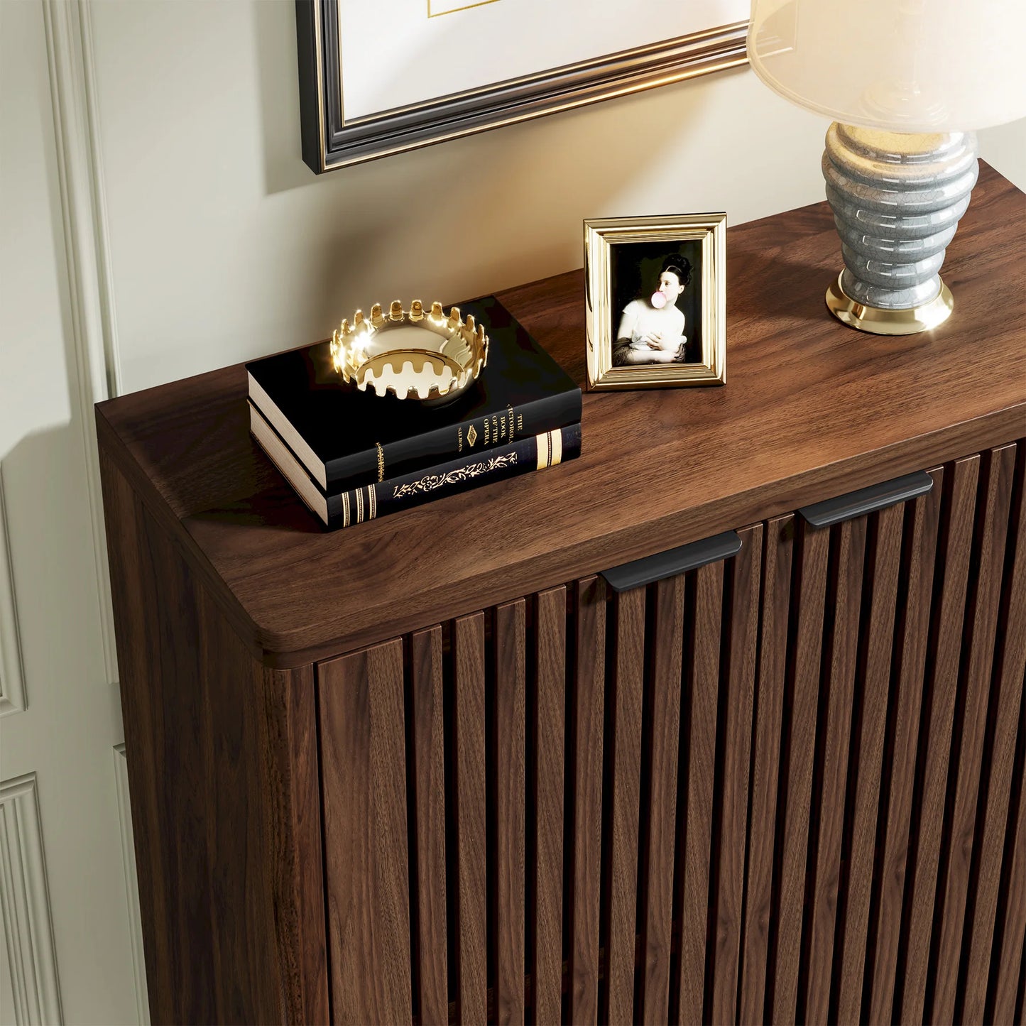 Modern Walnut Shoe Storage Cabinet With Louver Doors