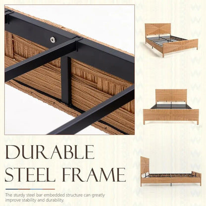 Boho Rattan Queen Bed Frame with Steel Support and Tall Headboard