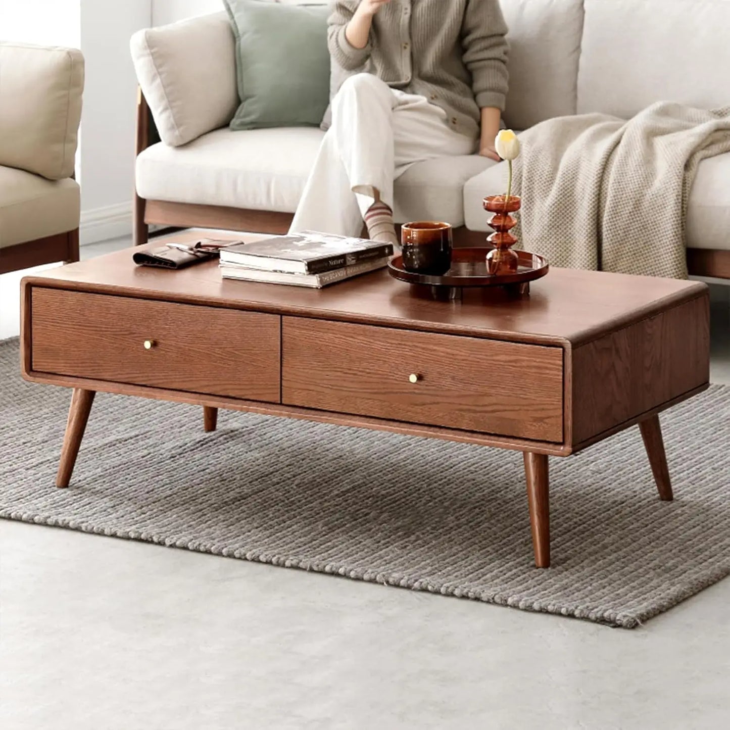 Solid Oak Mid-Century Coffee Table with Storage