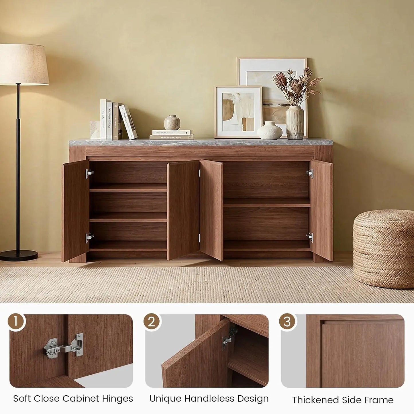 Modern Sideboard with Faux Marble Top and Hidden Storage