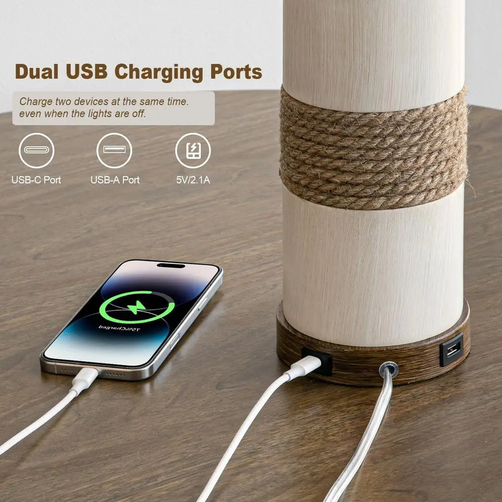 Distressed Rattan Table Lamp with USB Charging