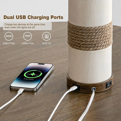 Distressed Rattan Table Lamp with USB Charging