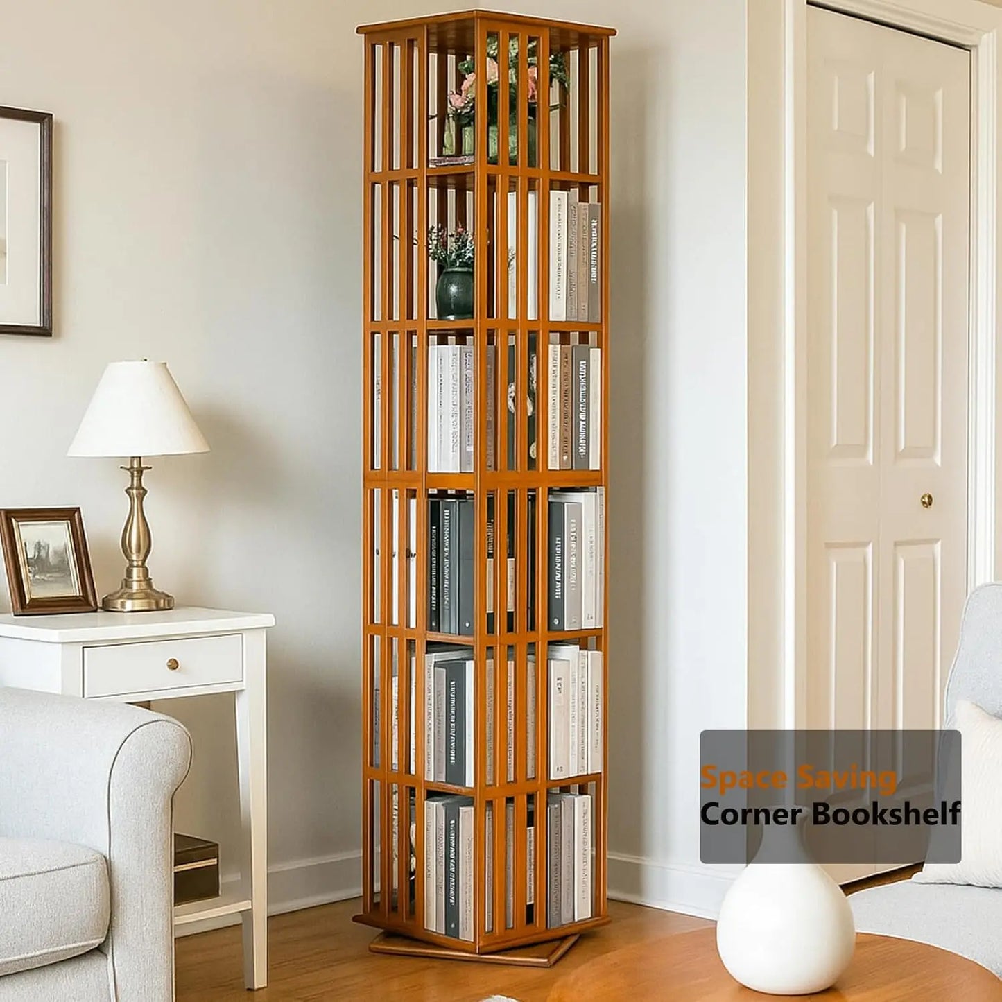Rotating Bamboo Bookshelf with Space-Saving Tower Design