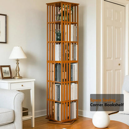 Rotating Bamboo Bookshelf with Space-Saving Tower Design