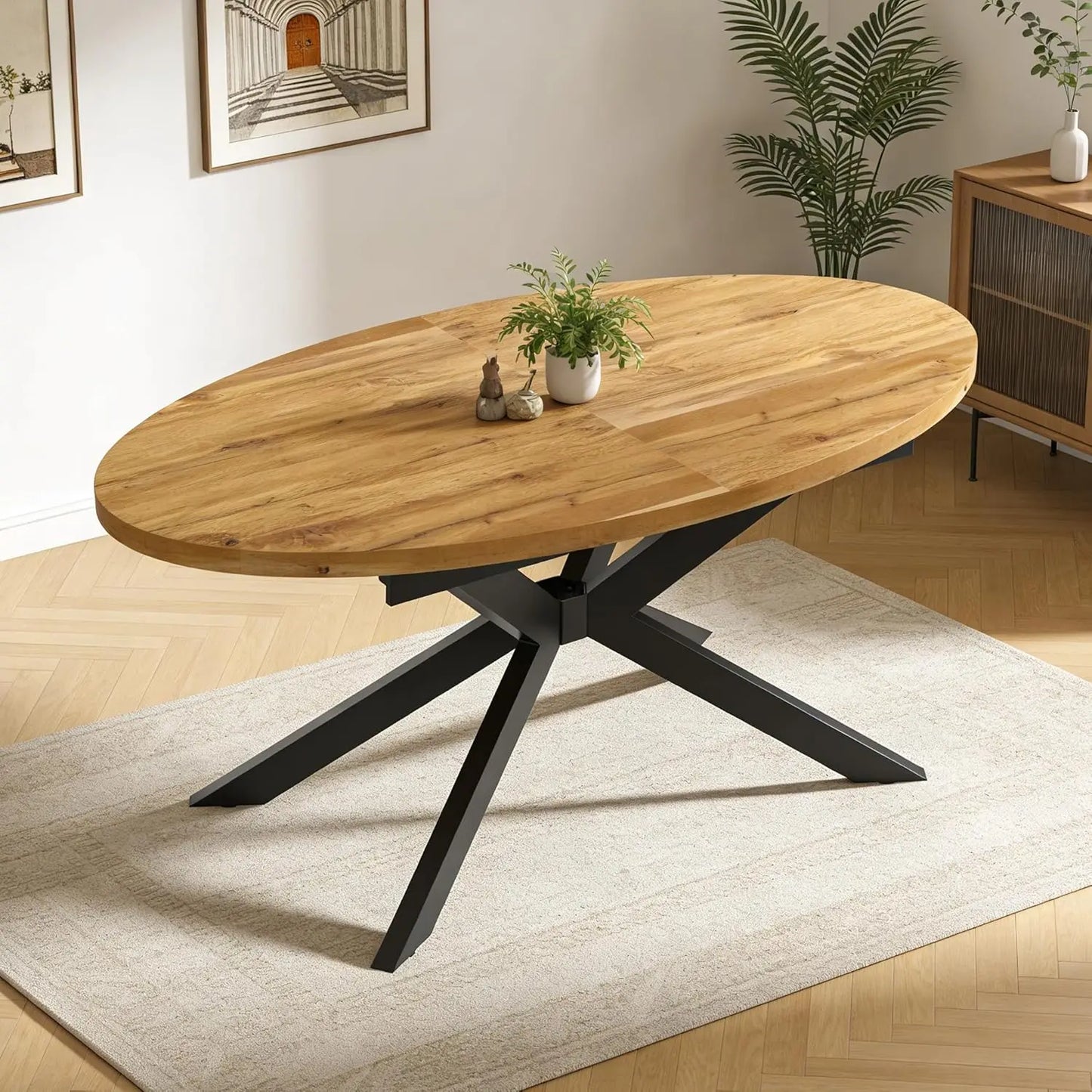 Extendable Round Dining Table with Walnut Finish and Metal Base