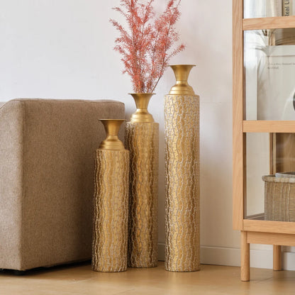 Gold Metal Floor Vases, Set of Three