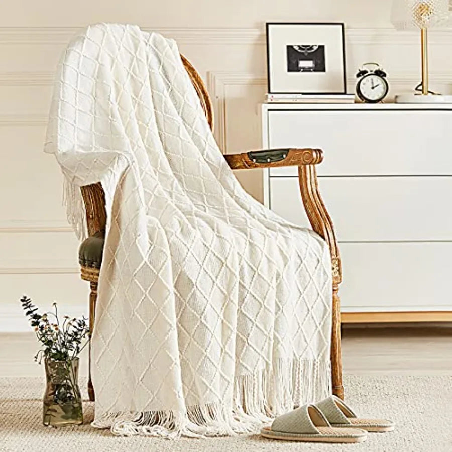 Soft Cotton Knit Throw Blanket With Tassels