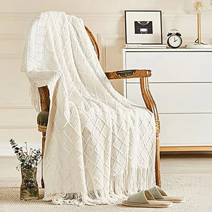 Soft Cotton Knit Throw Blanket With Tassels