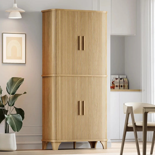 Accordion-Stripe Sliding Door Kitchen Pantry Cabinet