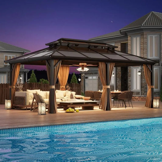 Spacious Double-Roof Gazebo with Privacy Curtains