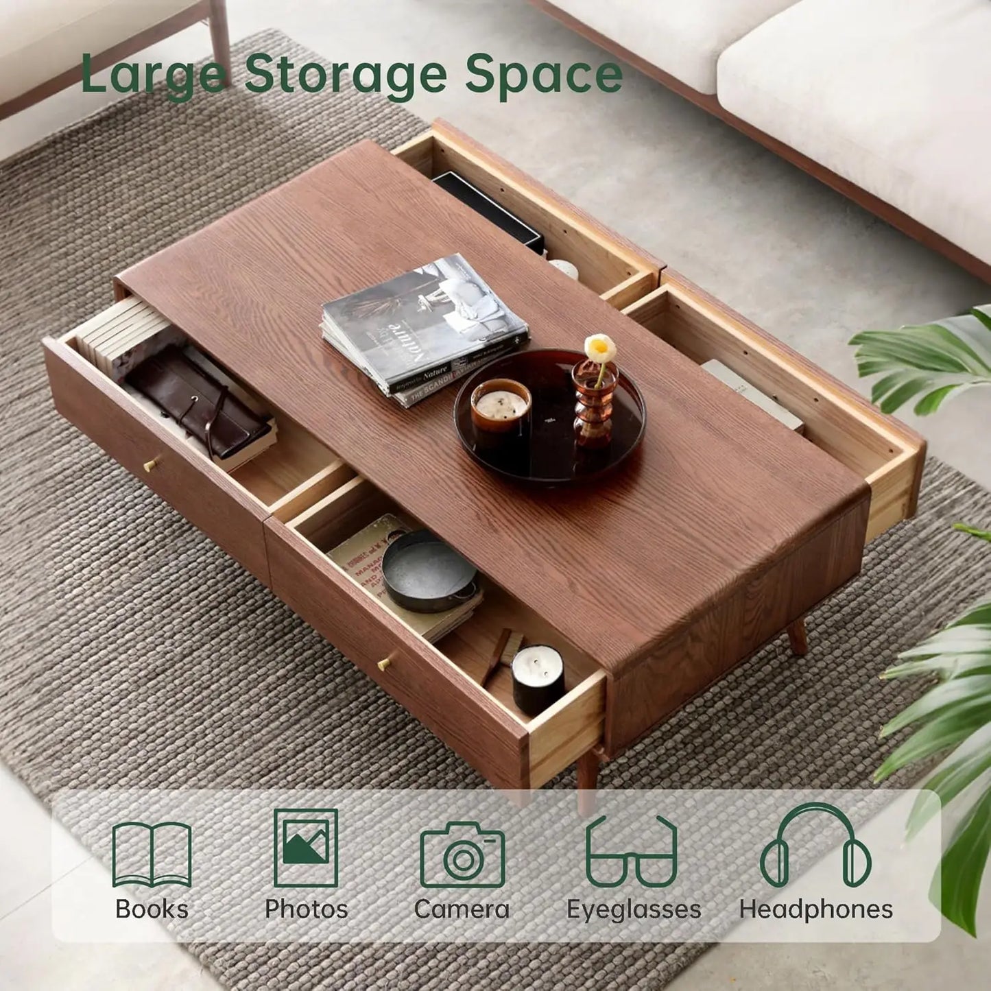 Solid Oak Mid-Century Coffee Table with Storage