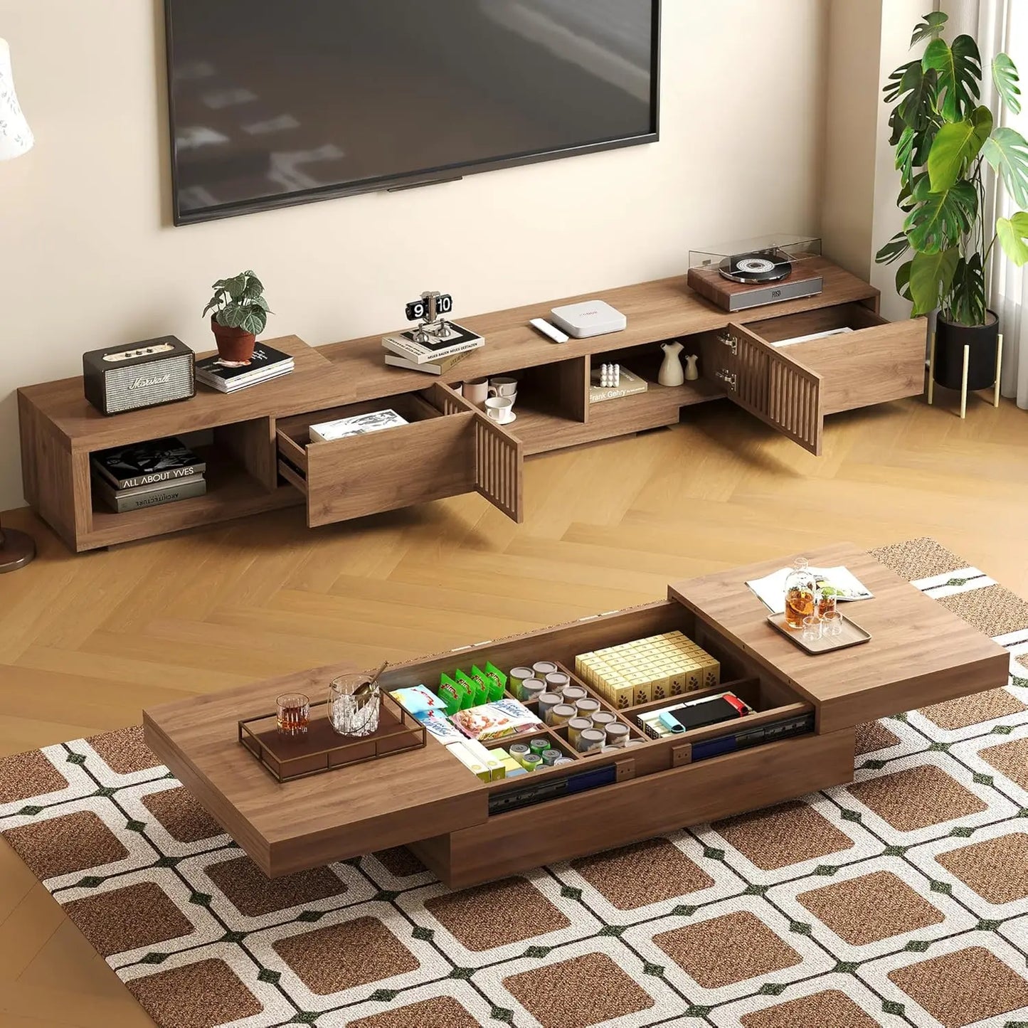 Mid Century Living Room Set with Lift Top Coffee Table and TV Stand