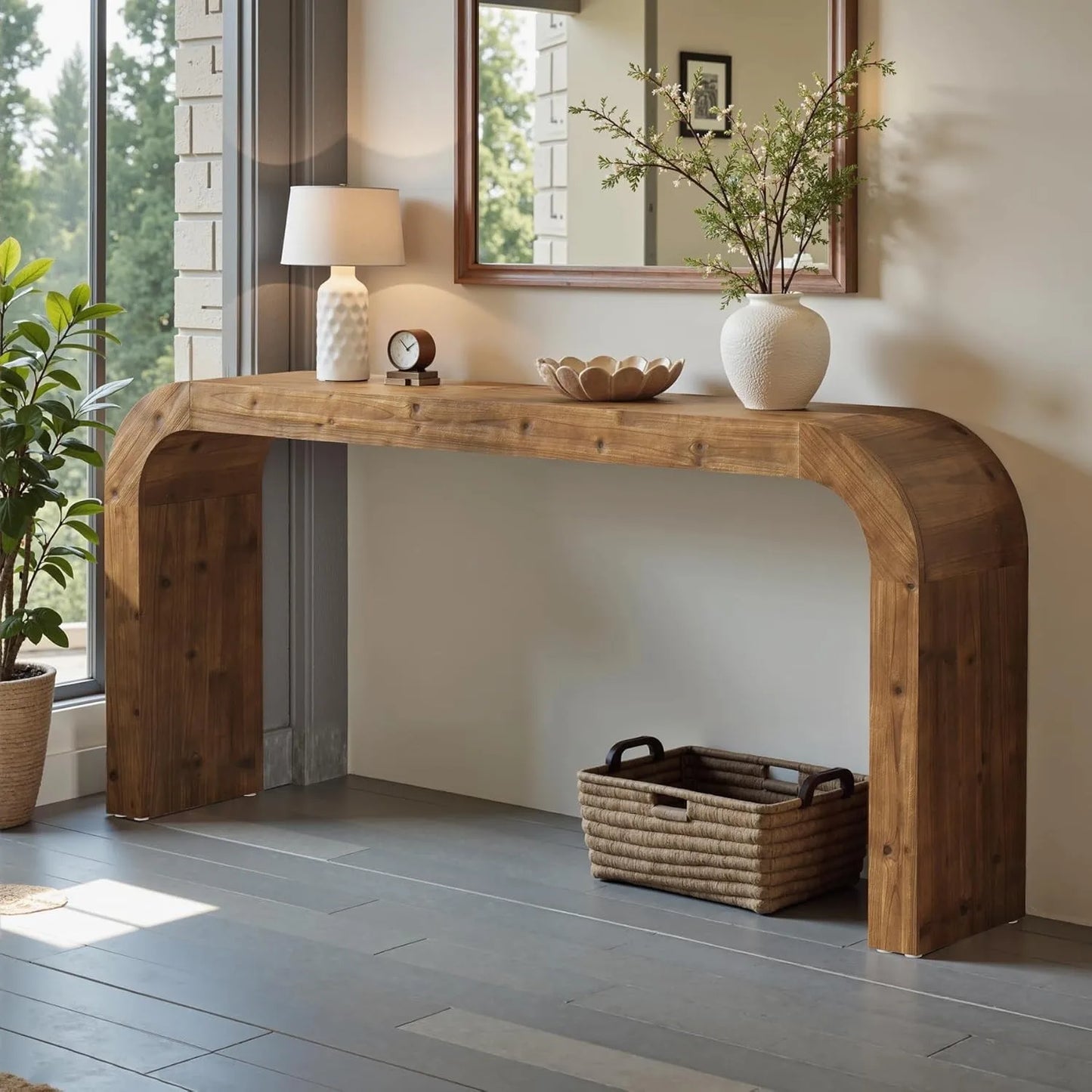 Curved Console Table with Solid Wood Sculptural Design