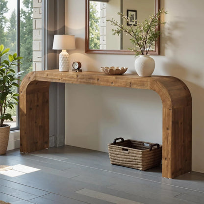 Curved Console Table with Solid Wood Sculptural Design