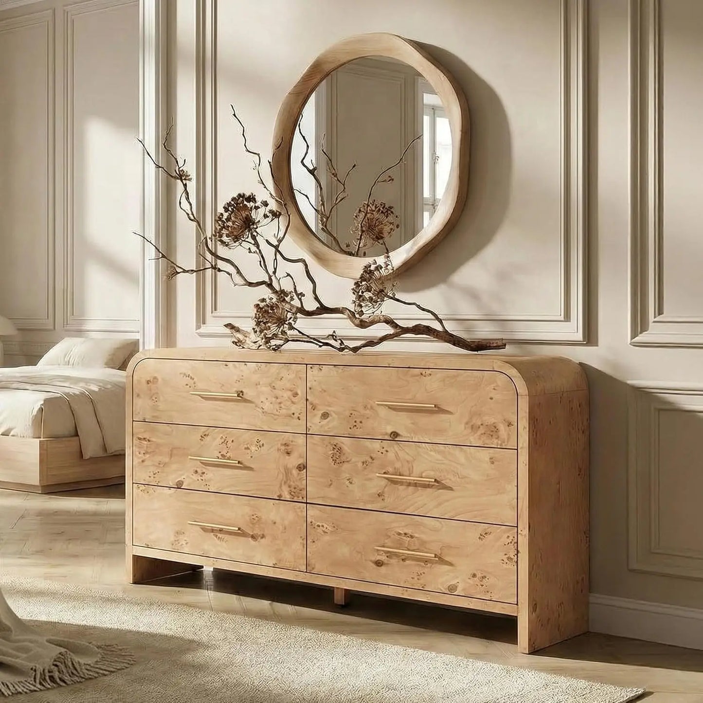 Curved Wood Dresser with Sculptural Form and Six Drawers