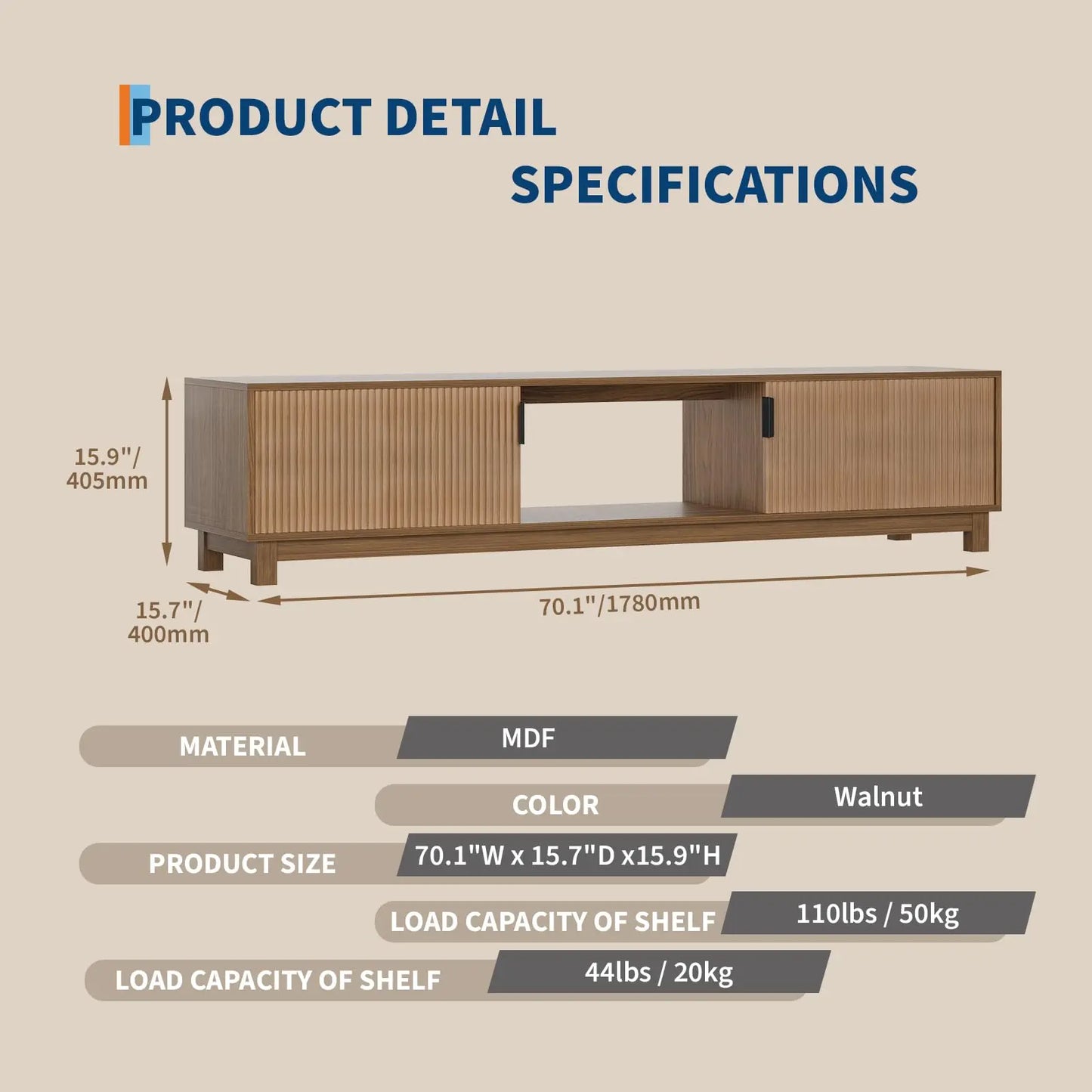 70” Mid-Century Fluted Walnut TV Stand