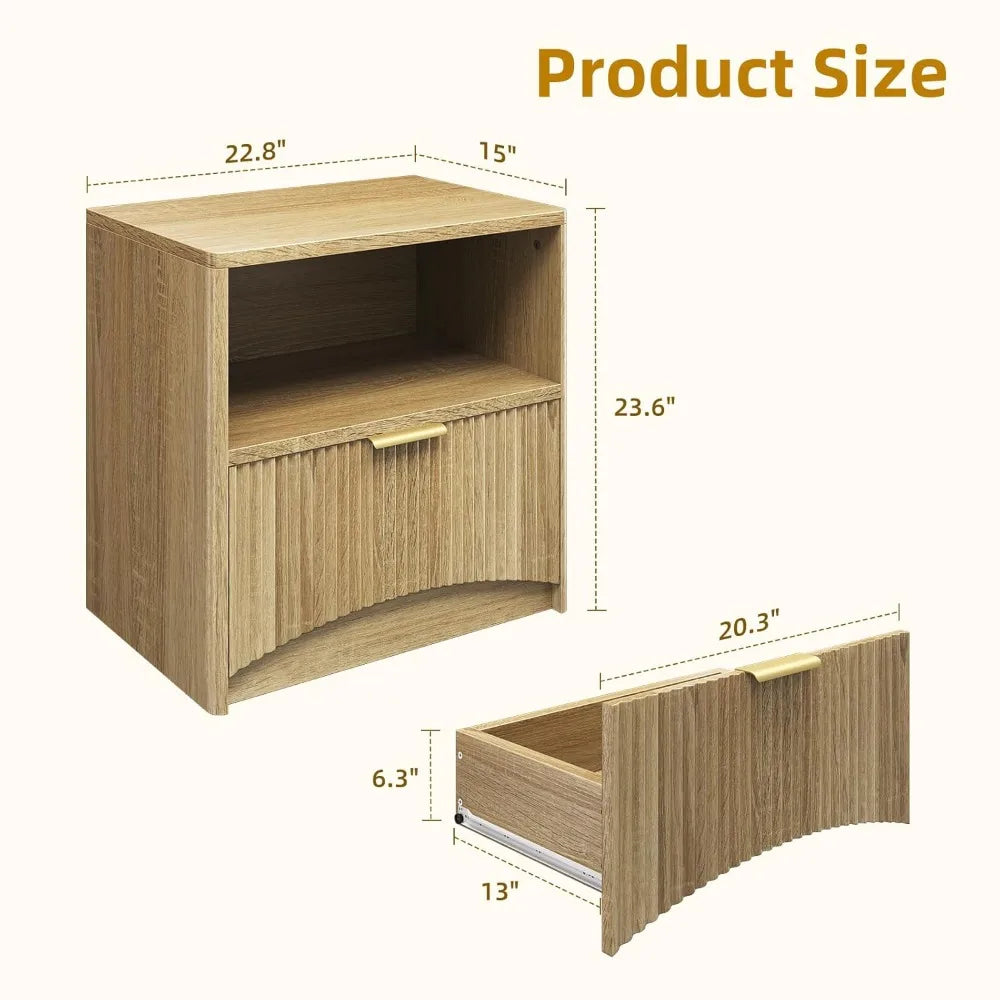 Fluted Wood Nightstand Set With Modern Storage Design