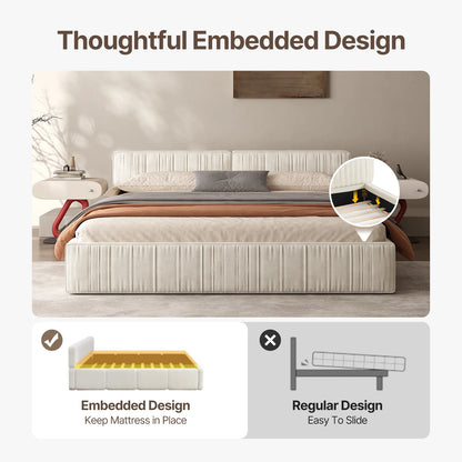 Modern Chenille Platform Bed with Pleated Detail
