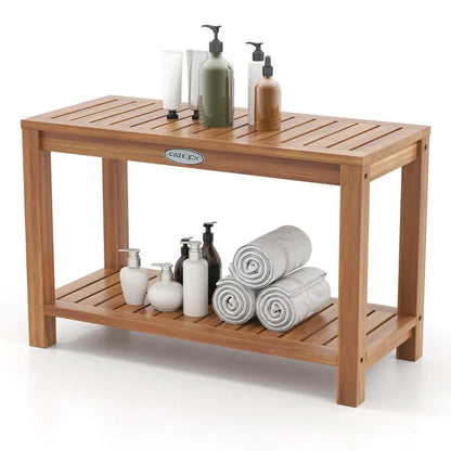 Teak Wood Shower Bench with 2-Tier Storage
