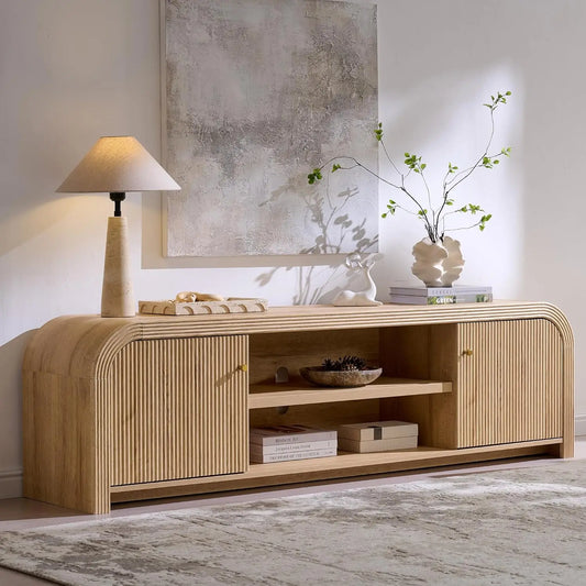 TV Stand with Gold Accents and Rounded Edge Design