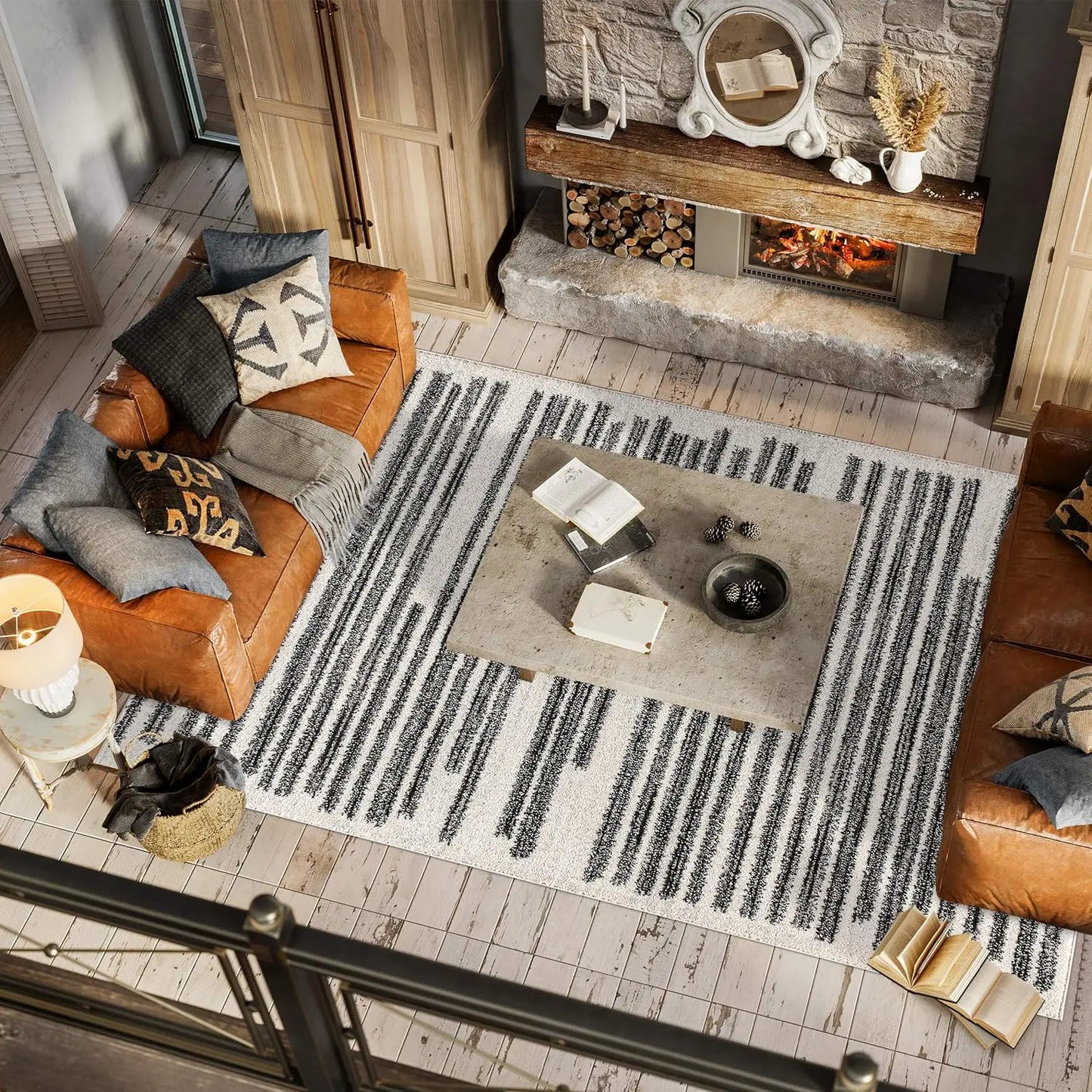 Modern Ivory And Black Area Rug With Durable Design
