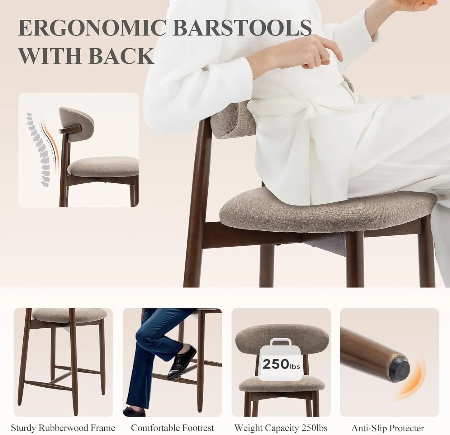 Mid-Century Upholstered Bar Stools With Wood Legs - Set of 2