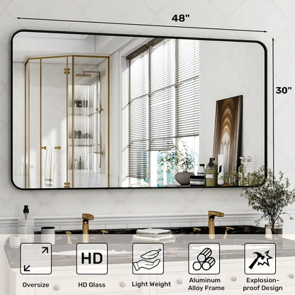 Black Framed Bathroom Mirror with Rounded Rectangle Design