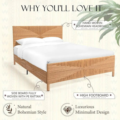 Boho Rattan Queen Bed Frame with Steel Support and Tall Headboard