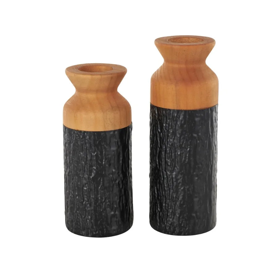 Abstract Black Metal Vases with Wood Tops, Set of Two