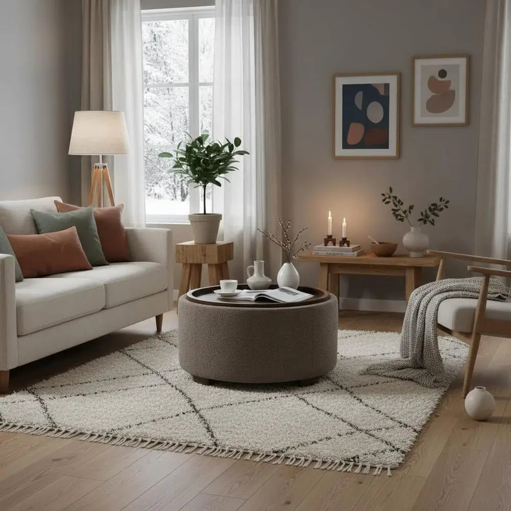 Round Storage Ottoman with Boucle Upholstery Design