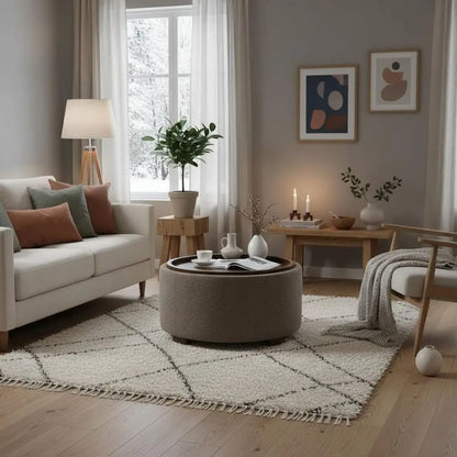 Round Storage Ottoman with Boucle Upholstery Design