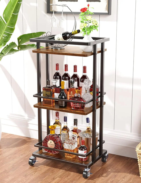 Industrial Three-Tier Rolling Bar Cart