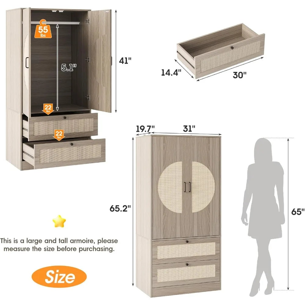 Arched Rattan Door Bedroom Wardrobe Armoire
