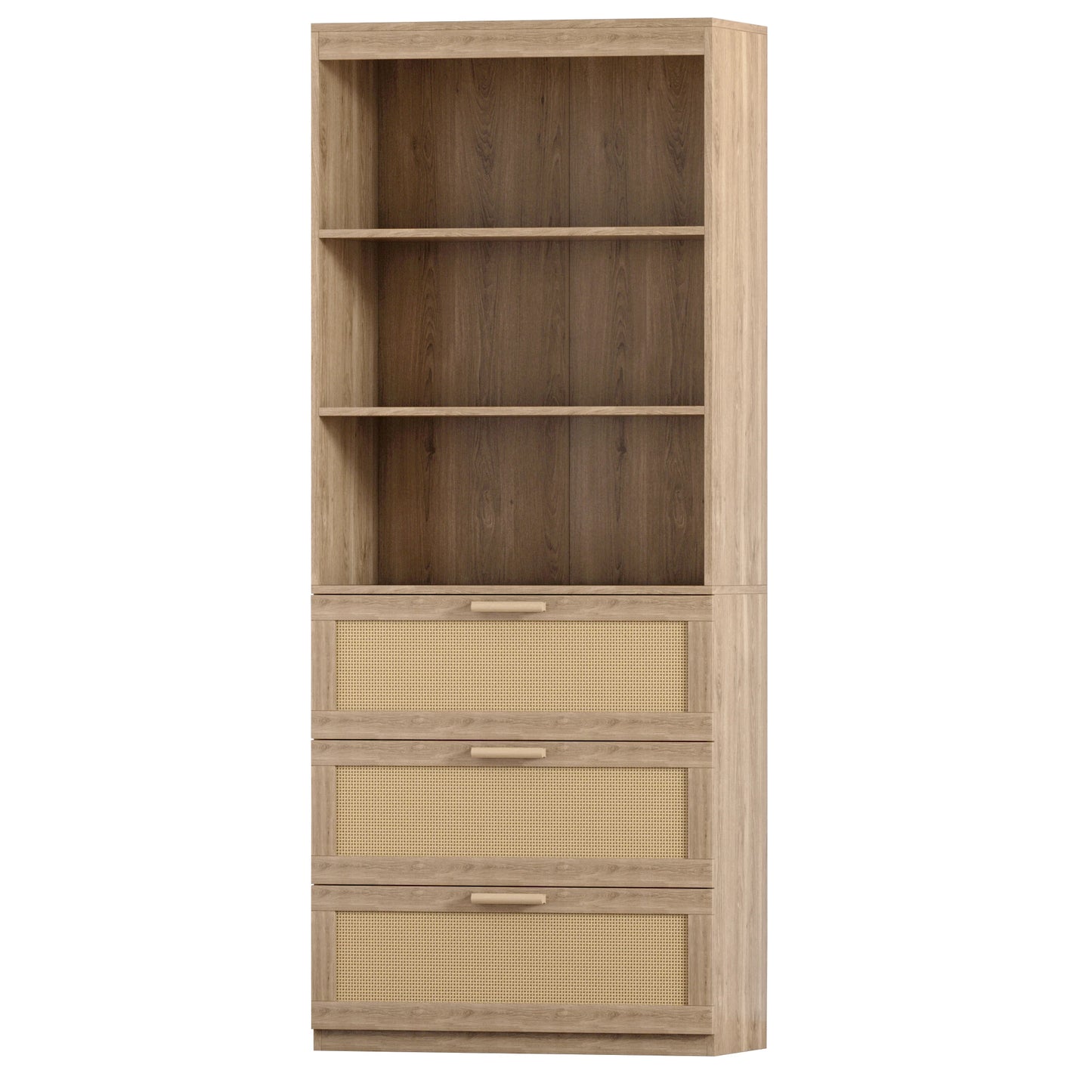 Rattan Detail Bookshelf with Drawers and Open Storage