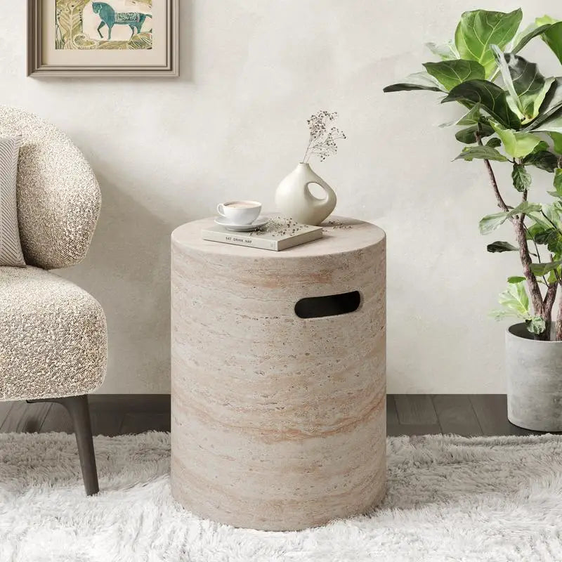 Concrete Side Table with Handles and Travertine Finish