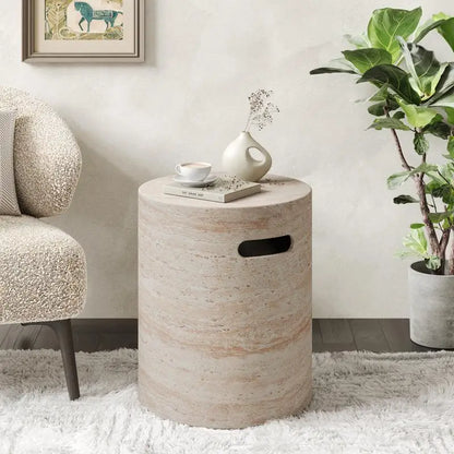 Concrete Side Table with Handles and Travertine Finish