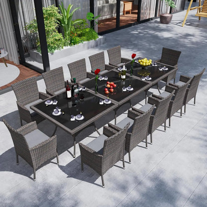 Wicker Dining Set with Glass Table and Cushioned Seating