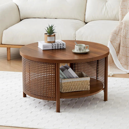 Round Rattan Coffee Table with Two-Tier Storage Design