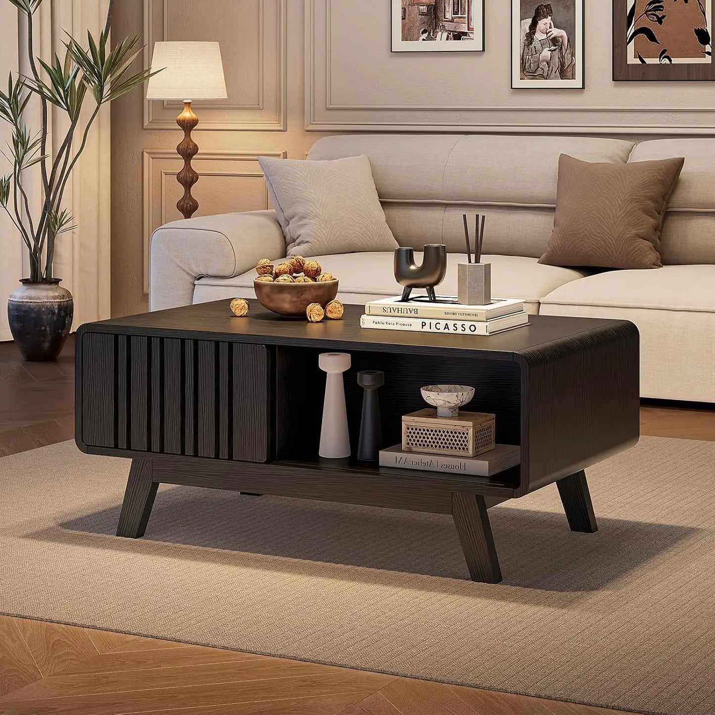 Mid-Century Coffee Table with Sliding Doors