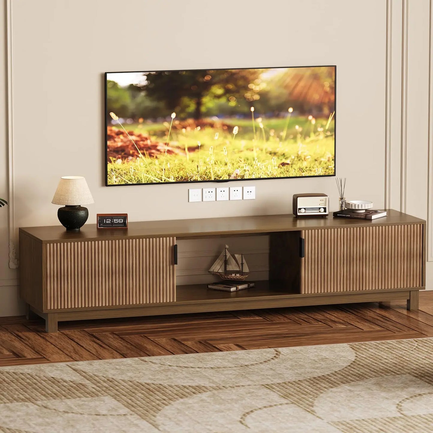 70” Mid-Century Fluted Walnut TV Stand