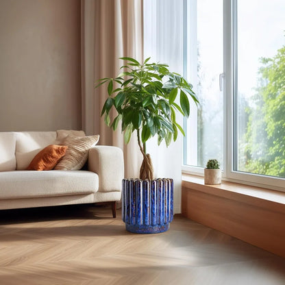 12” Peacock Blue Fluted Ceramic Planter