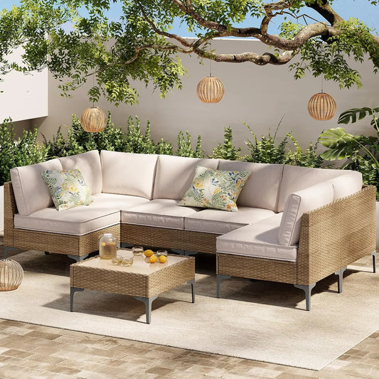 Patio Wicker Sectional Sofa Set with Coffee Table