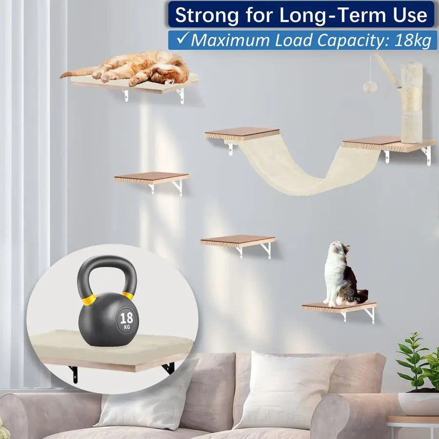 Natural Wood Cat Wall Shelves With Climbing System